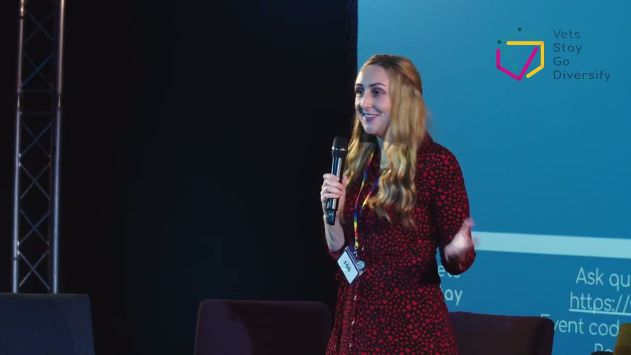 Katie Ford on stage, a still from her showreel